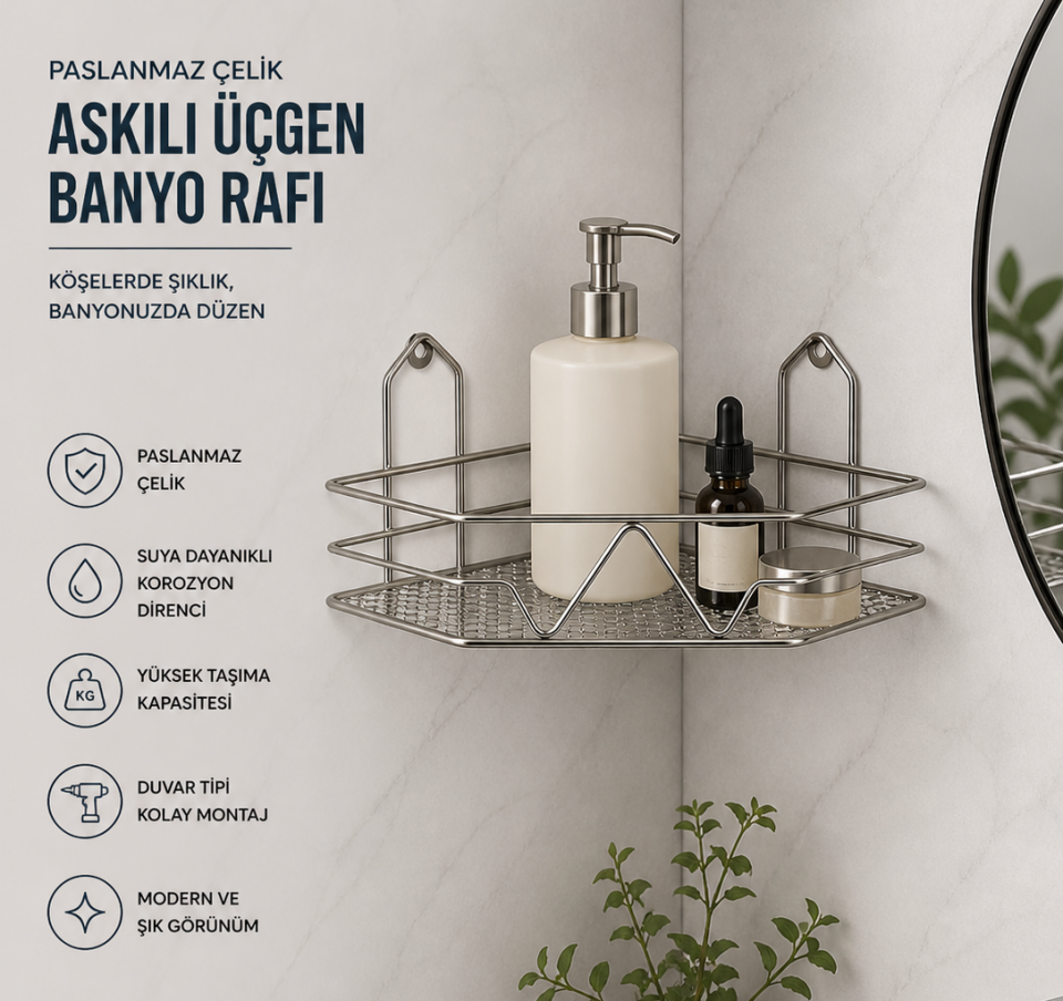 Paslanmaz Çelik Askılı Tek Üçgen Köşe Banyo Rafı – Tek Raf, Duvar Tipi, Şık ve Dayanıklı Tasarım