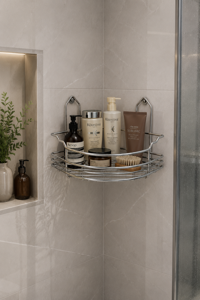 Paslanmaz Çelik Askılı Tek katlı Üçgen Köşe Mil Tasarım Banyo Rafı – Tek Katlı, Şık ve Dayanıklı Tasarım