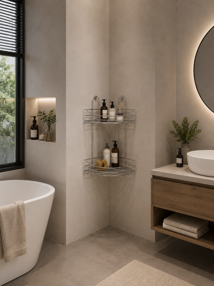 Paslanmaz Çelik Askılı iki  katlı Üçgen Köşe Mil Tasarım Banyo Rafı – iki Katlı, Şık ve Dayanıklı Tasarım