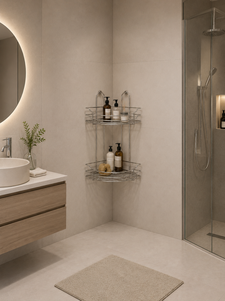 Paslanmaz Çelik Askılı iki  katlı Üçgen Köşe Mil Tasarım Banyo Rafı – iki Katlı, Şık ve Dayanıklı Tasarım