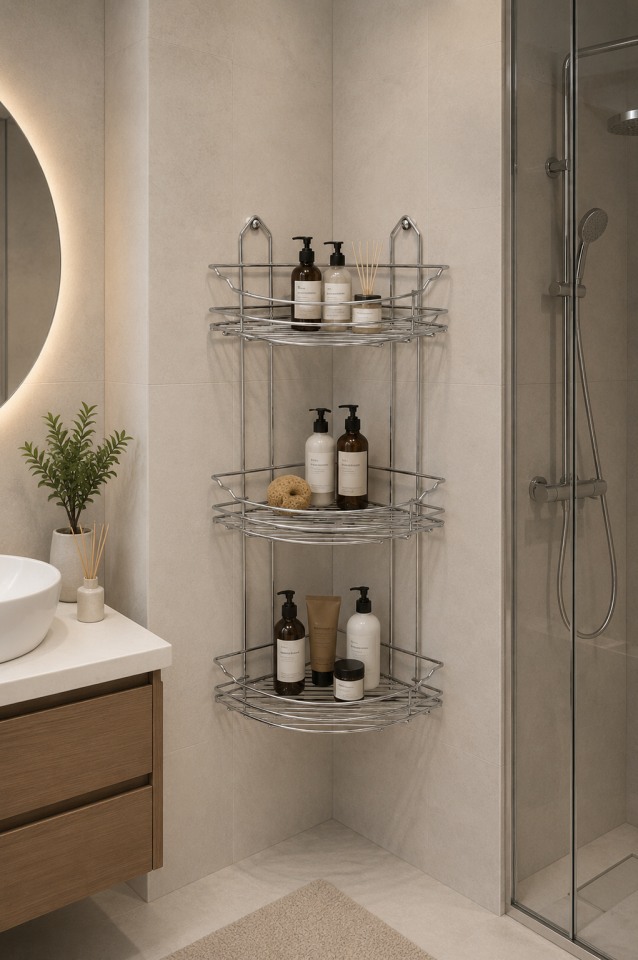 Paslanmaz Çelik Askılı üç katlı Üçgen Köşe Mil Tasarım Banyo Rafı – üç Katlı, Şık ve Dayanıklı Tasarım