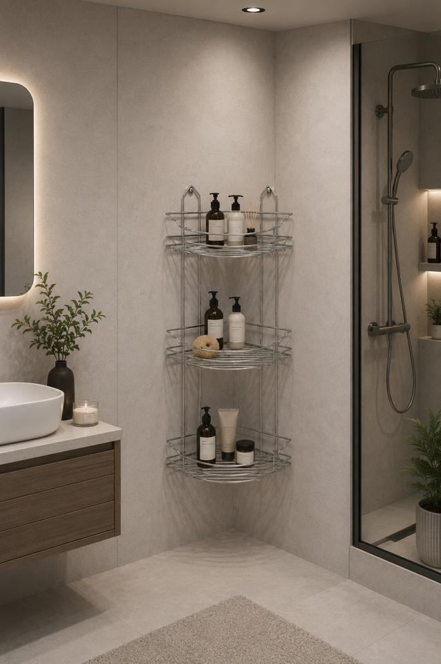 Paslanmaz Çelik Askılı üç katlı Üçgen Köşe Mil Tasarım Banyo Rafı – üç Katlı, Şık ve Dayanıklı Tasarım