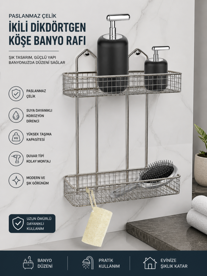 Paslanmaz Çelik Askılı ikili Dikdörtgen Banyo Rafı – İki Raf, Duvar Tipi, Şık ve Dayanıklı Tasarım