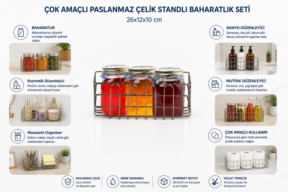 Çok Amaçlı Paslanmaz Çelik Standlı Baharatlık Seti
