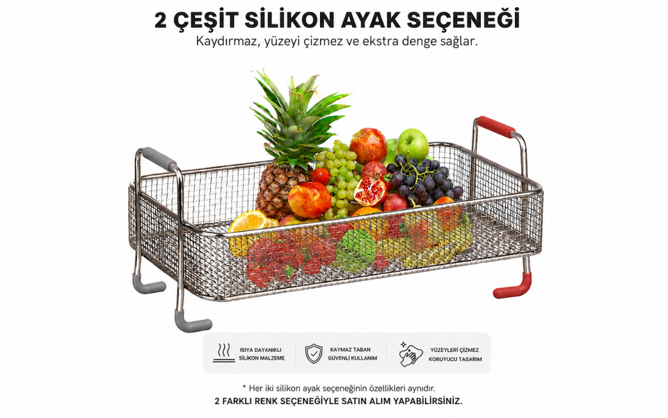 Paslanmaz Çelik Ayaklı Büyük SUZGEÇ / SUNUM Sepeti Mutfak İçin Modern Tel Sepet