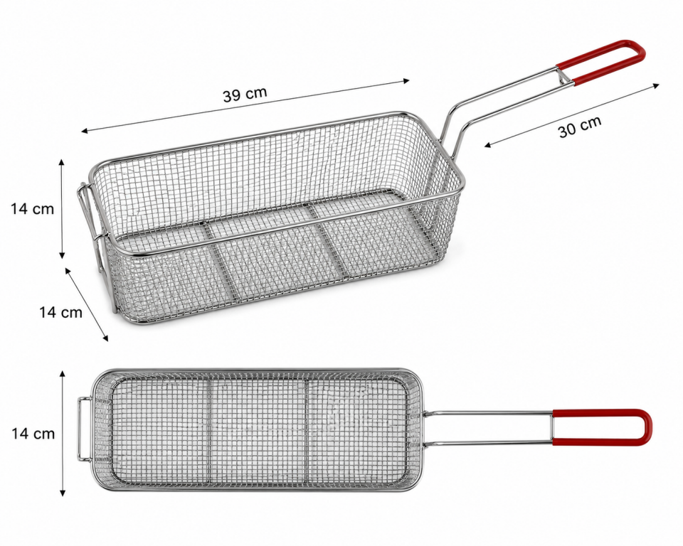 39x14x14 cm 7.5 L Paslanmaz Çelik İnce Telli Fritöz Sepeti – Önden Asmalı Silikon Saplı