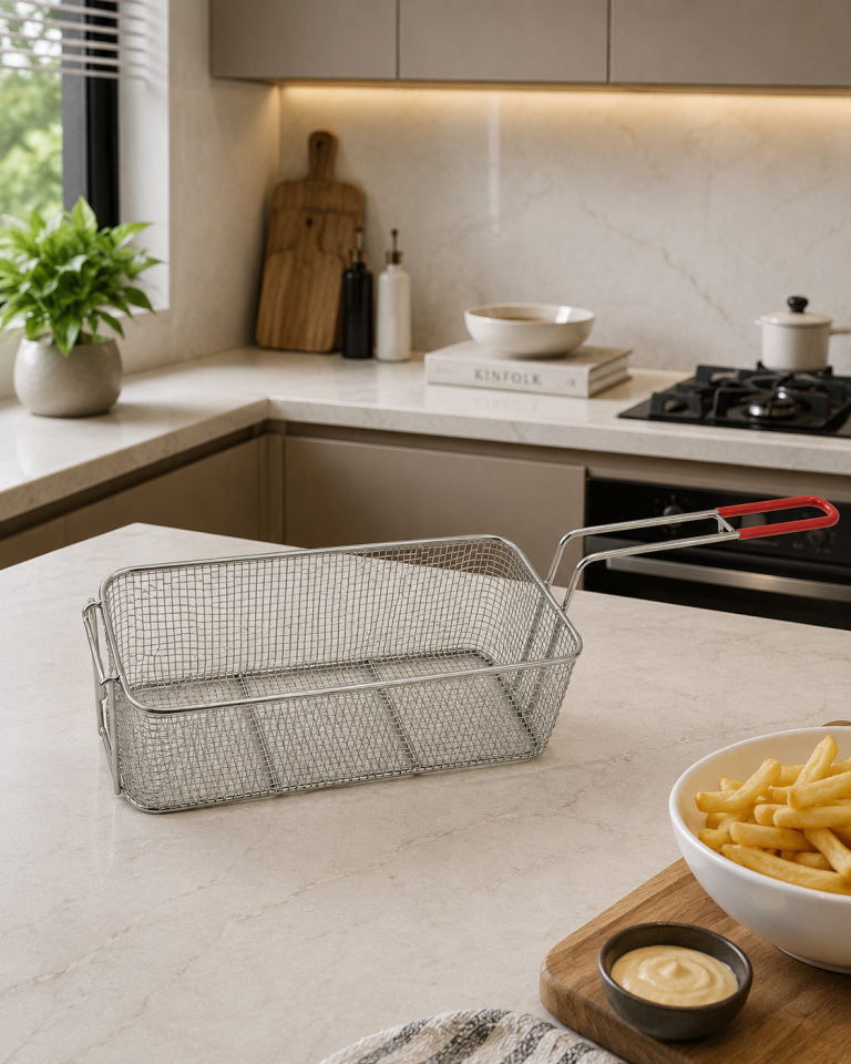 39x14x14 cm 7.5 L Paslanmaz Çelik İnce Telli Fritöz Sepeti – Önden Asmalı Silikon Saplı