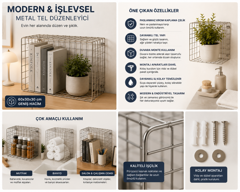 Krom Çelik Duvara Monte Kitap Rafı 30x30x20 cm – Paslanmaz Metal Dekoratif Kitaplık, Modern Tasarım