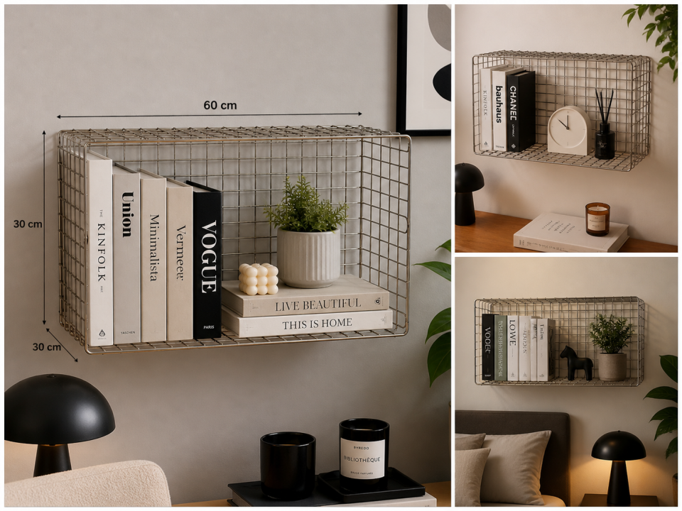 Krom Çelik Duvara Monte Kitap Rafı 60x30x20 cm – Paslanmaz Metal Dekoratif Kitaplık, Modern Tasarım
