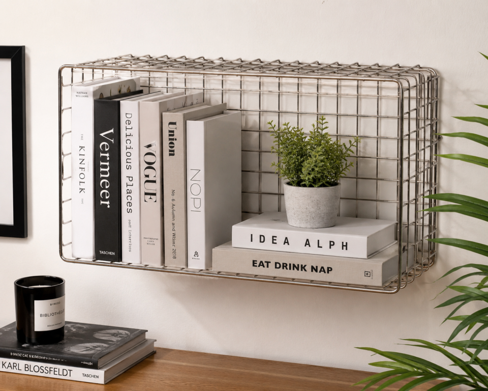 Krom Çelik Duvara Monte Kitap Rafı 60x30x20 cm – Paslanmaz Metal Dekoratif Kitaplık, Modern Tasarım