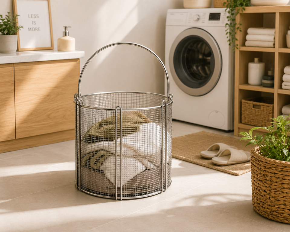 Paslanmaz Çelik yuvarlak  Çamaşır ve Düzenleyici Sepet – 35x26 CM 25 Litre| Çok Amaçlı Tel Örgü Sepet