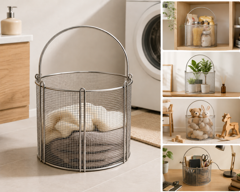 Paslanmaz Çelik yuvarlak  Çamaşır ve Düzenleyici Sepet – 35x26 CM 25 Litre| Çok Amaçlı Tel Örgü Sepet