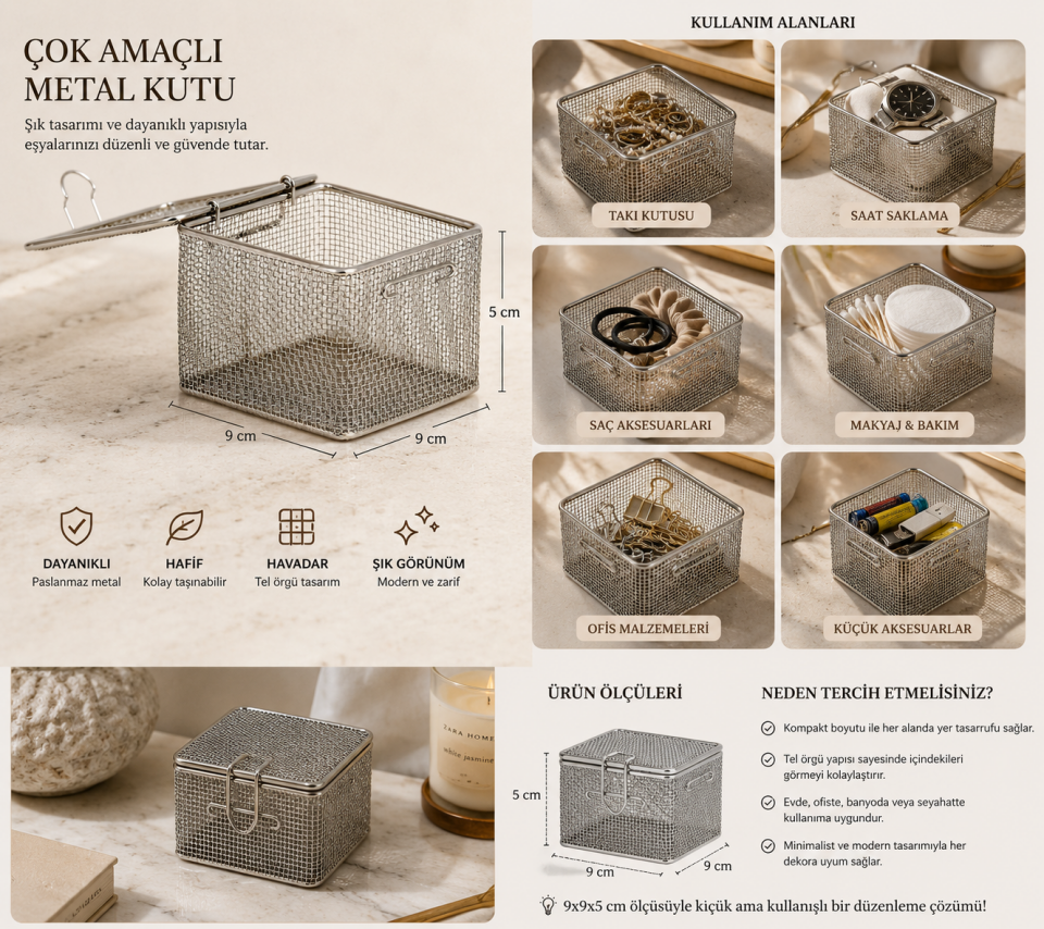 Krom Paslanmaz Çelik Çok Amaçlı Mini Düzenleyici Kutu – 9x9x5 cm Dekoratif Saklama Kutusu