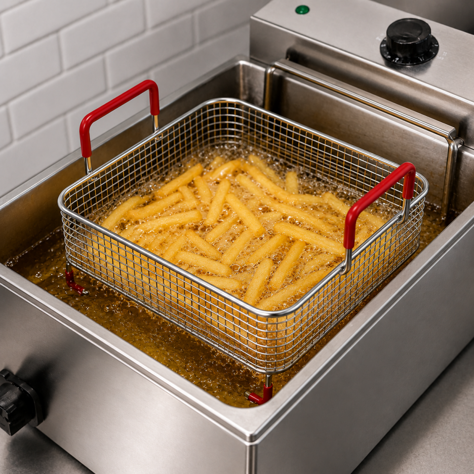 Paslanmaz Çelik Çok Amaçlı Fritöz Sepeti 25x25 cm – Silikon Ayaklı ve Kulplu Süzgeç Sepet | Airfryer, Kızartma ve Sebze Yıkama Sepeti